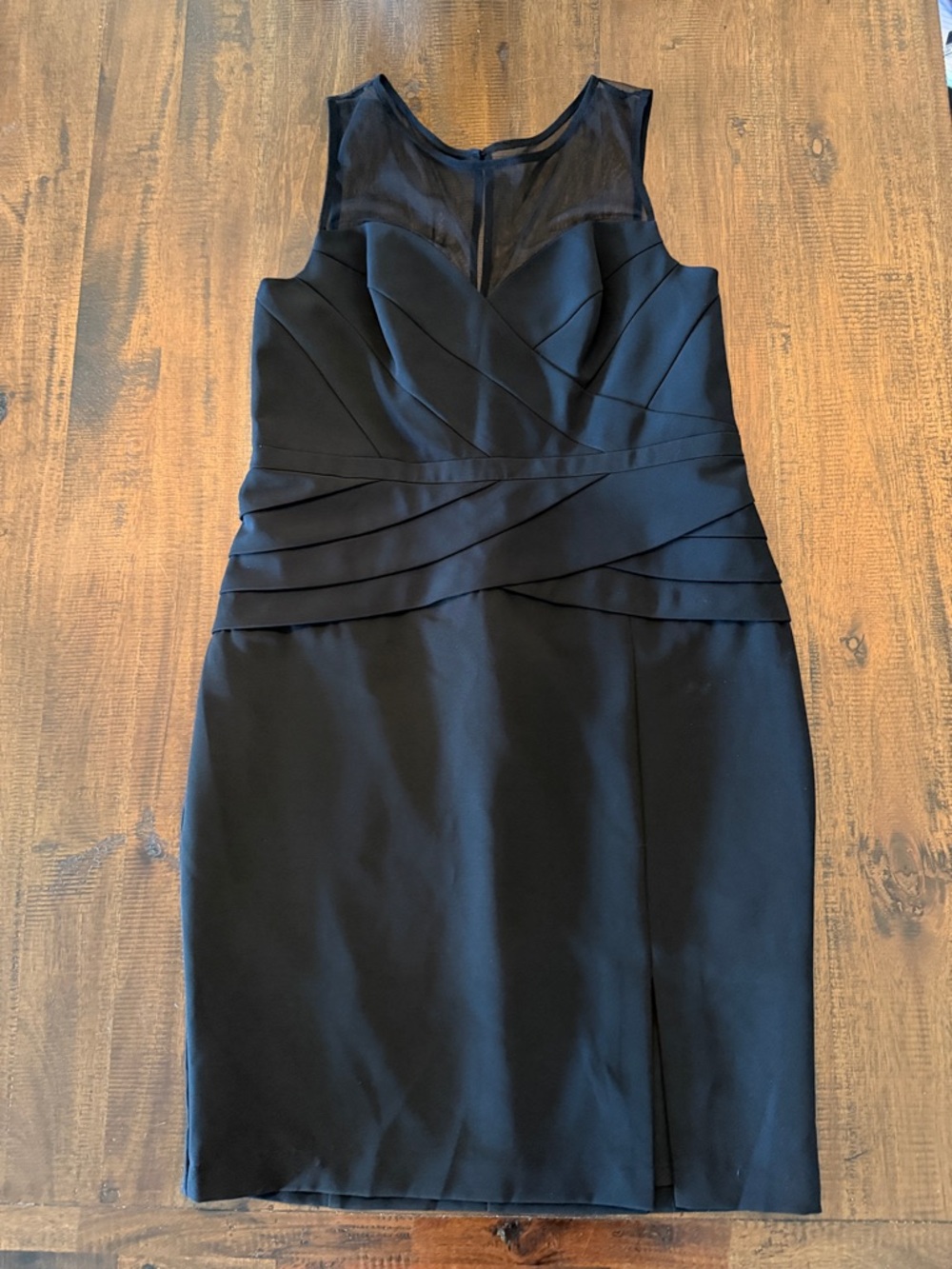 Aidan Mattox Black Sleeveless Midi Sheath Dress with Mesh Yoke